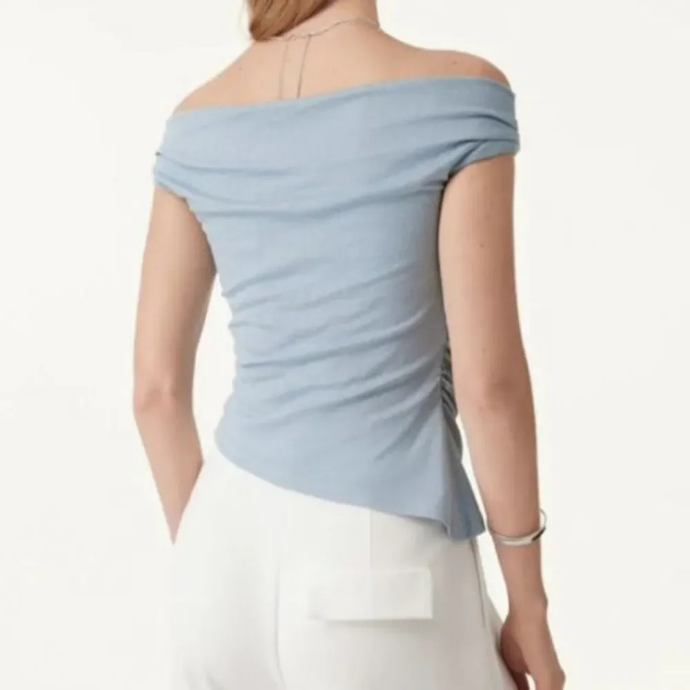 OGL Blue Linen Blend Side Ruched Off Shoulder Asymmetric Hem Brami Top Sz Large - Picture 9 of 12